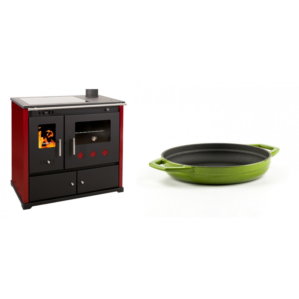 Set Küchenofen / Küchenhexe Prometey Practik Lux mit Cerankochfeld, Rauchabzug rechts, burgund, 9.5kW + Emaillierte gusseisenpfanne mit zwei Griffen Solagio, Bamboo, Ф19cm | Kaminofen - Holzofen mit Backfach | Kaminofen |