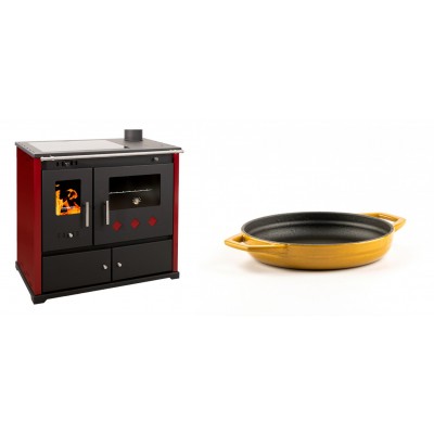 Set Küchenofen / Küchenhexe Prometey Practik Lux mit Cerankochfeld, Rauchabzug rechts, burgund, 9.5kW + Emaillierte gusseisenpfanne mit zwei Griffen Solagio, Dijon, Ф16cm - Prometey