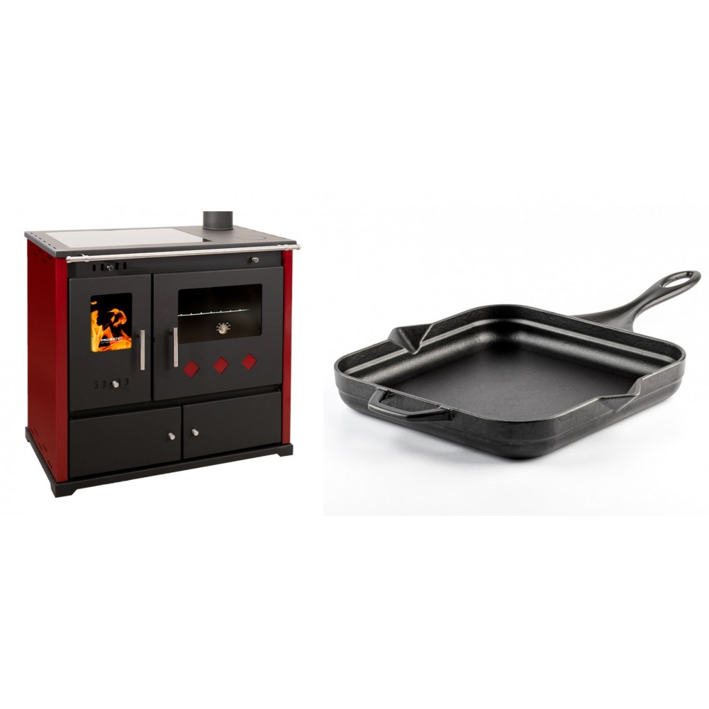 Set Küchenofen / Küchenhexe Prometey Practik Lux mit Cerankochfeld, Rauchabzug rechts, burgund, 9.5kW + Emaillierte Gusseisenpfanne Solagio, Black Onyx, 28x28cm | Kaminofen - Holzofen mit Backfach | Kaminofen |