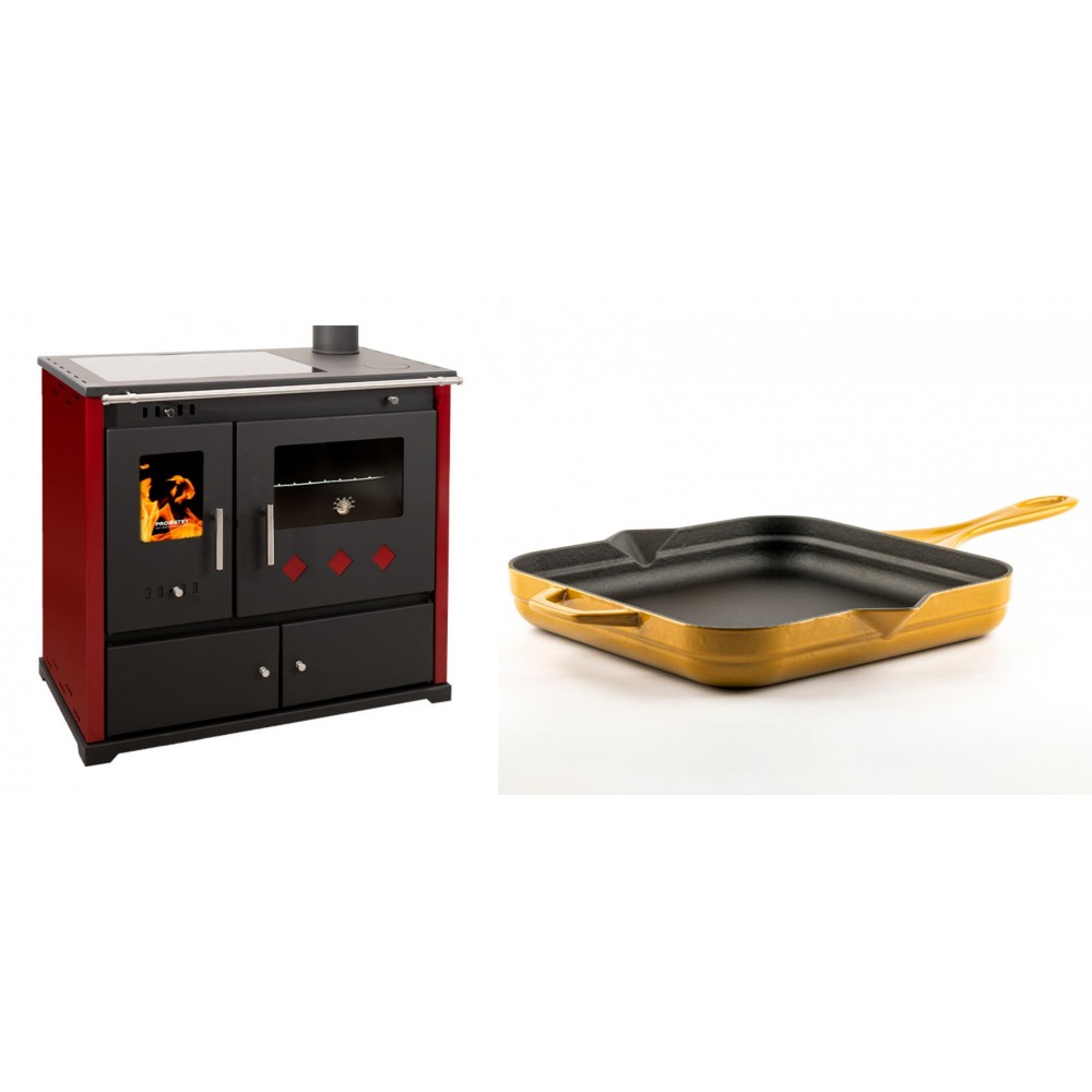 Set Küchenofen / Küchenhexe Prometey Practik Lux mit Cerankochfeld, Rauchabzug rechts, burgund, 9.5kW + Emaillierte Gusseisenpfanne Solagio, Dijon, 28x28cm | Kaminofen - Holzofen mit Backfach | Kaminofen |