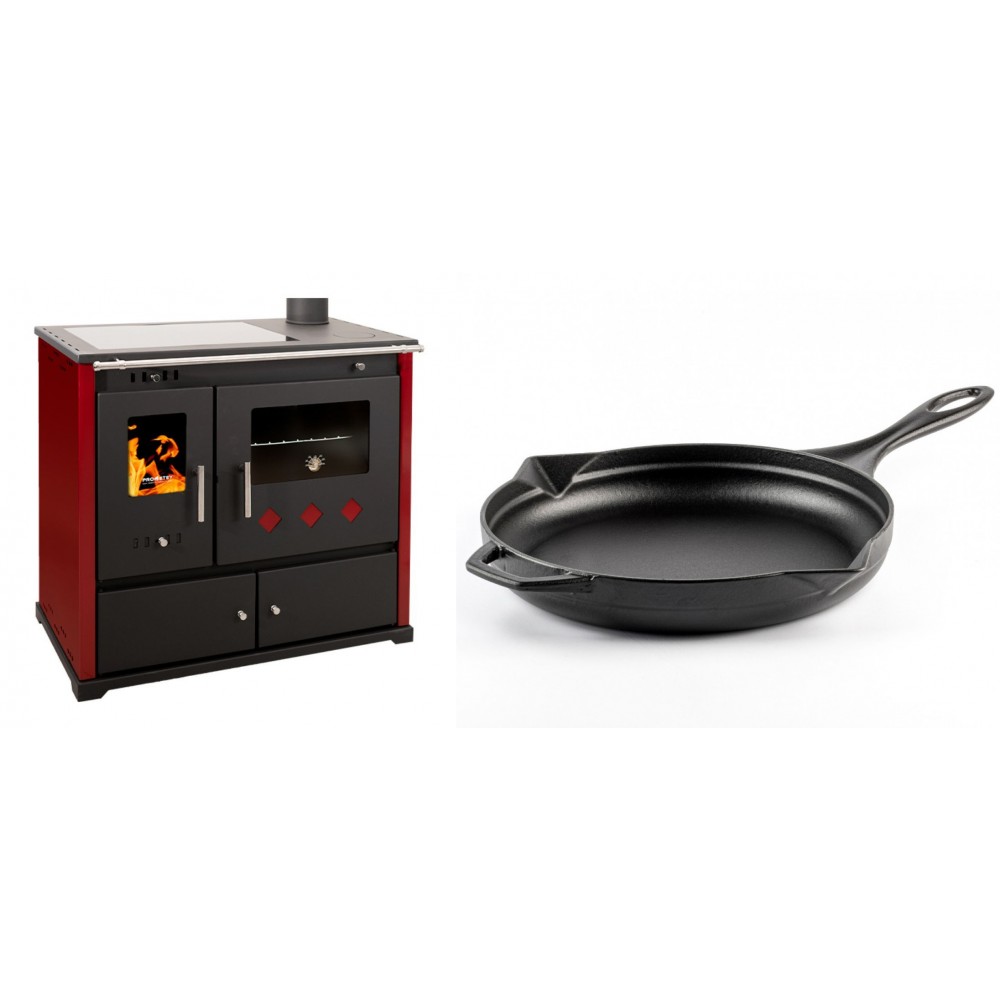 Set Küchenofen / Küchenhexe Prometey Practik Lux mit Cerankochfeld, Rauchabzug rechts, burgund, 9.5kW + Emaillierte Gusseisenpfanne Solagio, Black Onyx, Ф28cm | Kaminofen - Holzofen mit Backfach | Kaminofen |