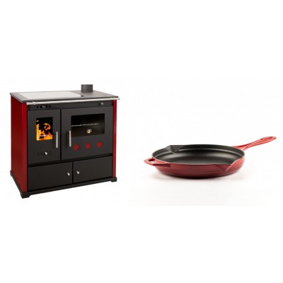 Set Küchenofen / Küchenhexe Prometey Practik Lux mit Cerankochfeld, Rauchabzug rechts, burgund, 9.5kW + Emaillierte Gusseisenpfanne Solagio, Rubin, Ф24cm - Prometey