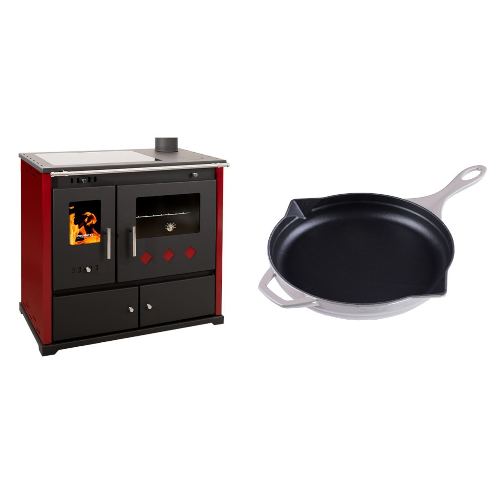 Set Küchenofen / Küchenhexe Prometey Practik Lux mit Cerankochfeld, Rauchabzug rechts, burgund, 9.5kW + Emaillierte Gusseisenpfanne Solagio, Ivory, Ф28cm