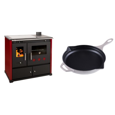 Set Küchenofen / Küchenhexe Prometey Practik Lux mit Cerankochfeld, Rauchabzug rechts, burgund, 9.5kW + Emaillierte Gusseisenpfanne Solagio, Ivory, Ф28cm - Prometey