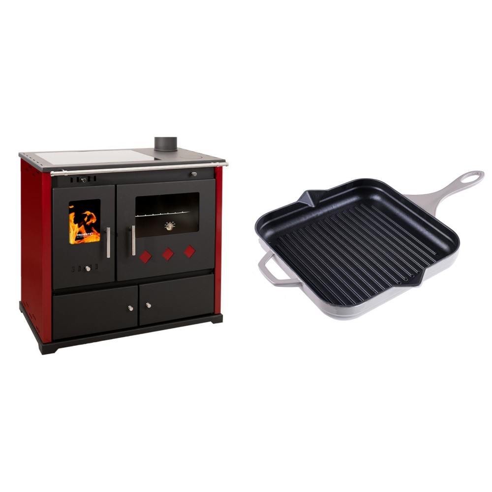 Set Küchenofen / Küchenhexe Prometey Practik Lux mit Cerankochfeld, Rauchabzug rechts, burgund, 9.5kW + Emaillierte grillpfanne Gusseisen Solagio, Ivory, 28x28cm | Kaminofen - Holzofen mit Backfach | Kaminofen |