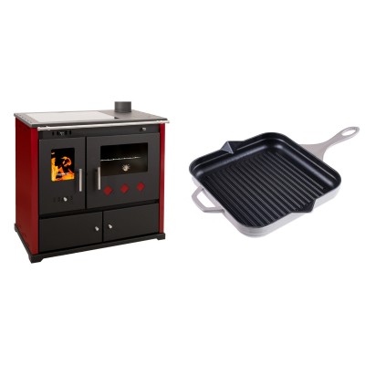Set Küchenofen / Küchenhexe Prometey Practik Lux mit Cerankochfeld, Rauchabzug rechts, burgund, 9.5kW + Emaillierte grillpfanne Gusseisen Solagio, Ivory, 28x28cm - Prometey