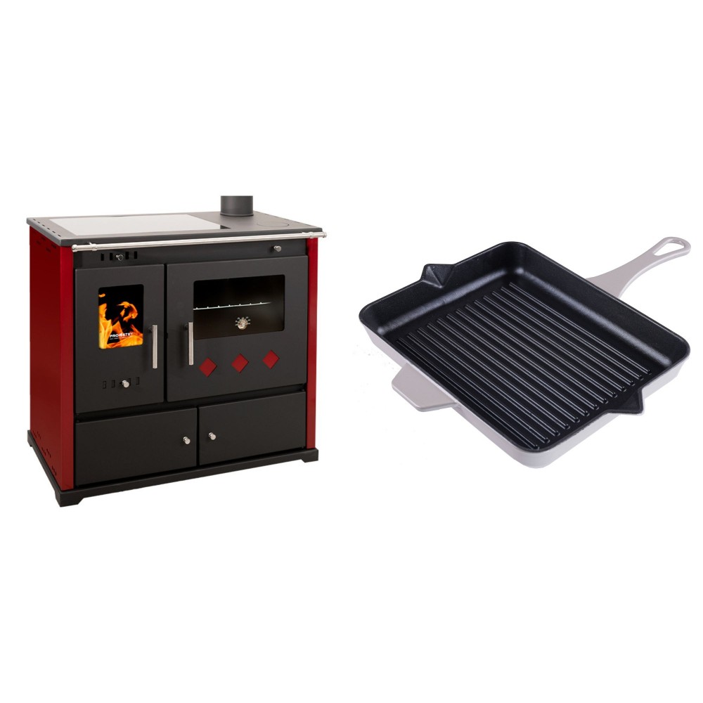 Set Küchenofen / Küchenhexe Prometey Practik Lux mit Cerankochfeld, Rauchabzug rechts, burgund, 9.5kW + Emaillierte grillpfanne Gusseisen Solagio, Ivory, 26x32cm