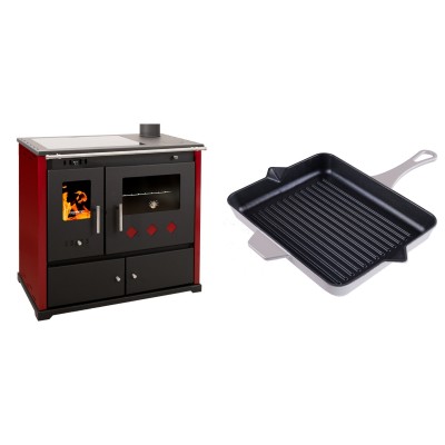 Set Küchenofen / Küchenhexe Prometey Practik Lux mit Cerankochfeld, Rauchabzug rechts, burgund, 9.5kW + Emaillierte grillpfanne Gusseisen Solagio, Ivory, 26x32cm - Prometey