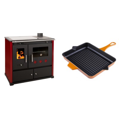 Set Küchenofen / Küchenhexe Prometey Practik Lux mit Cerankochfeld, Rauchabzug rechts, burgund, 9.5kW + Emaillierte grillpfanne Gusseisen Solagio, Dijon, 26x32cm - Prometey