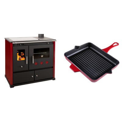 Set Küchenofen / Küchenhexe Prometey Practik Lux mit Cerankochfeld, Rauchabzug rechts, burgund, 9.5kW + Emaillierte grillpfanne Gusseisen Solagio, Rubin, 26x32cm - Prometey