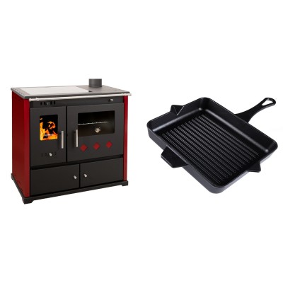 Set Küchenofen / Küchenhexe Prometey Practik Lux mit Cerankochfeld, Rauchabzug rechts, burgund, 9.5kW + Emaillierte grillpfanne Gusseisen Solagio, Black Onyx, 26x32cm - Prometey