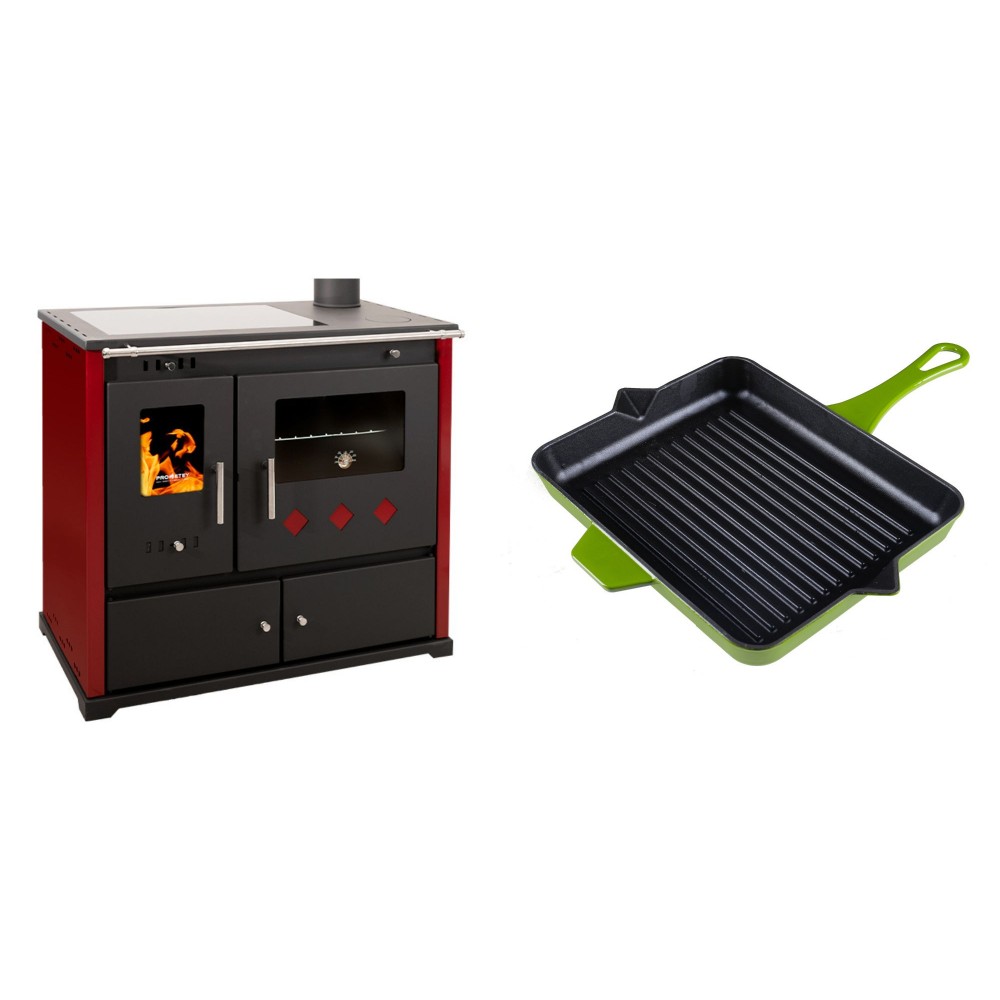 Set Küchenofen / Küchenhexe Prometey Practik Lux mit Cerankochfeld, Rauchabzug rechts, burgund, 9.5kW + Emaillierte grillpfanne Gusseisen Solagio, Bamboo, 26x32cm