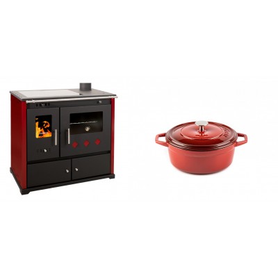 Set Küchenofen / Küchenhexe Prometey Practik Lux mit Cerankochfeld, Rauchabzug rechts, burgund, 9.5kW + Gusseisen Topf Tiefer Solagio, Rubin, Ф12 - Kaminofen - Holzofen mit Backfach