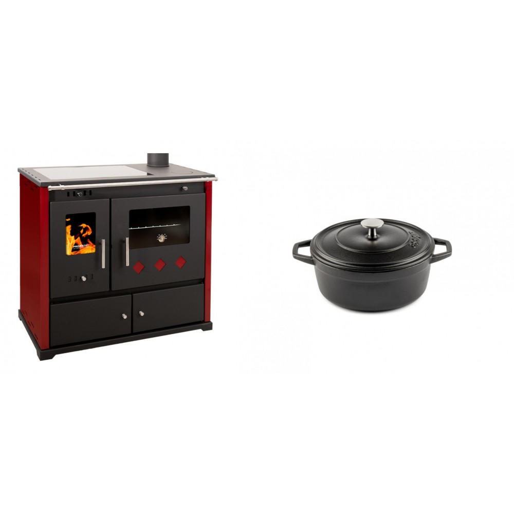 Set Küchenofen / Küchenhexe Prometey Practik Lux mit Cerankochfeld, Rauchabzug rechts, burgund, 9.5kW + Gusseisen Topf Tiefer Solagio, Black Onyx, Ф12