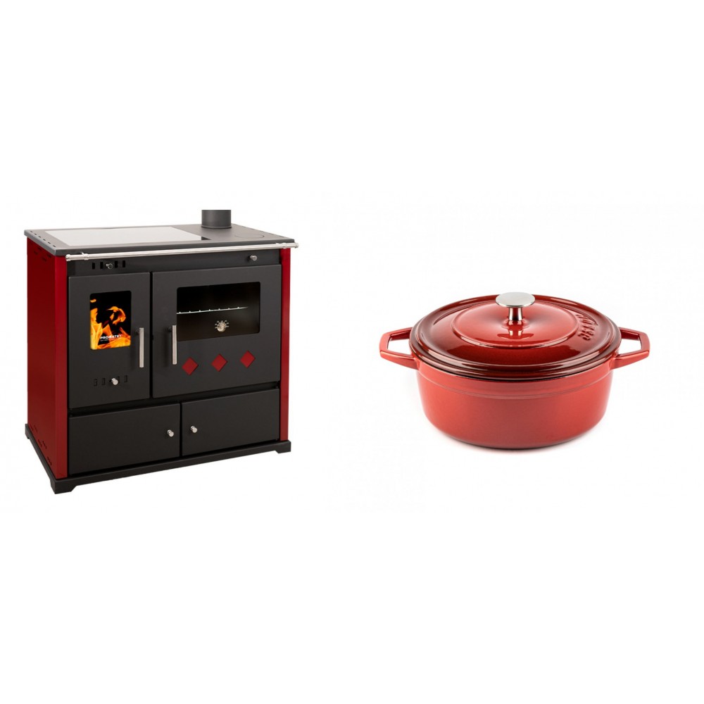 Set Küchenofen / Küchenhexe Prometey Practik Lux mit Cerankochfeld, Rauchabzug rechts, burgund, 9.5kW + Gusseisen Topf Tiefer Solagio, Rubin, Ф20