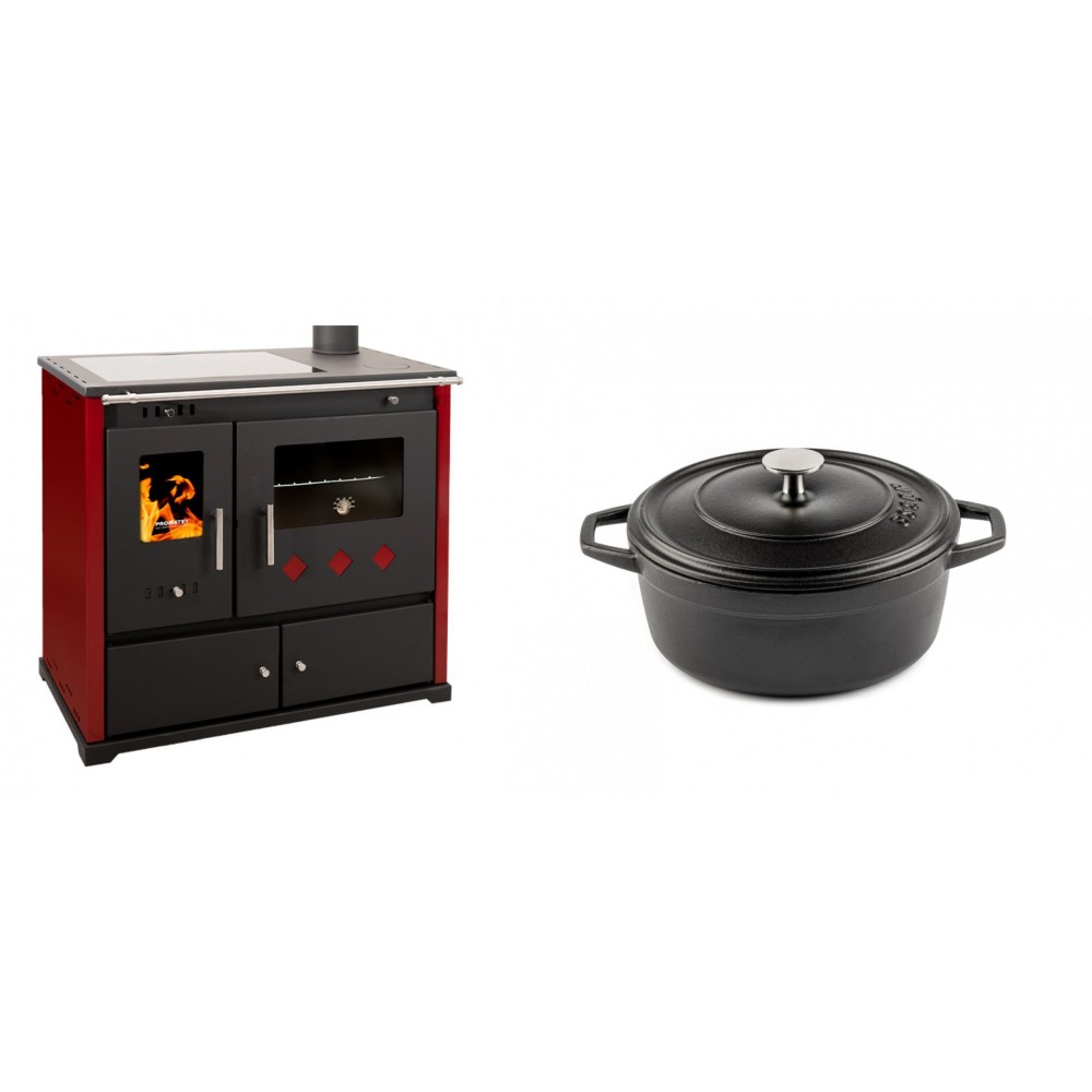 Set Küchenofen / Küchenhexe Prometey Practik Lux mit Cerankochfeld, Rauchabzug rechts, burgund, 9.5kW + Gusseisen Topf Tiefer Solagio, Black Onyx, Ф20 | Kaminofen - Holzofen mit Backfach | Kaminofen |