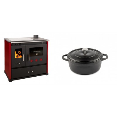 Set Küchenofen / Küchenhexe Prometey Practik Lux mit Cerankochfeld, Rauchabzug rechts, burgund, 9.5kW + Gusseisen Topf Tiefer Solagio, Black Onyx, Ф20 - Kaminofen - Holzofen mit Backfach