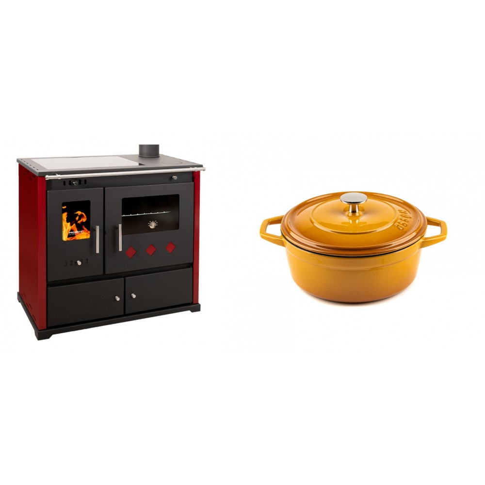 Set Küchenofen / Küchenhexe Prometey Practik Lux mit Cerankochfeld, Rauchabzug rechts, burgund, 9.5kW + Gusseisen Topf Tiefer Solagio, Dijon, Ф20 | Kaminofen - Holzofen mit Backfach | Kaminofen |