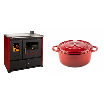 Set Küchenofen / Küchenhexe Prometey Practik Lux mit Cerankochfeld, Rauchabzug rechts, burgund, 9.5kW + Gusseisen Topf Tiefer Solagio, Rubin, Ф24 - Kaminofen - Holzofen mit Backfach