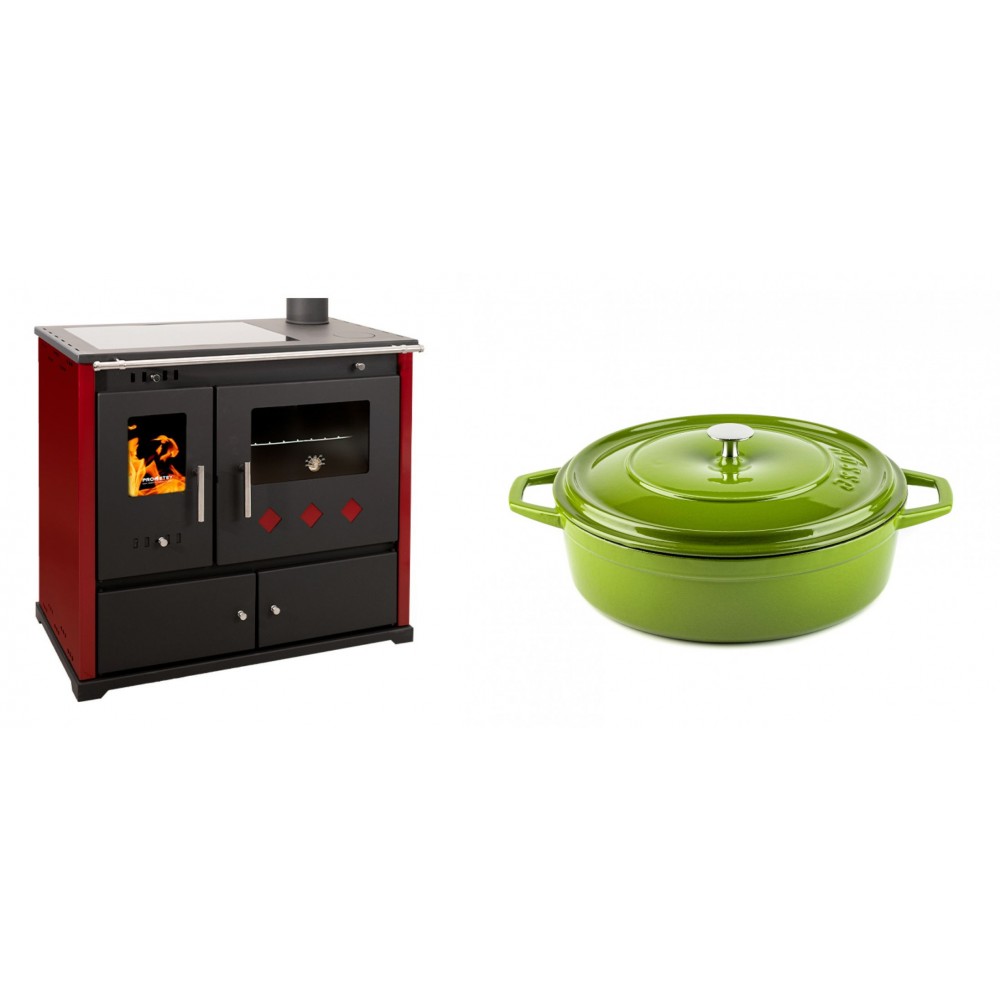 Set Küchenofen / Küchenhexe Prometey Practik Lux mit Cerankochfeld, Rauchabzug rechts, burgund, 9.5kW + Gusseisen Topf Flach Solagio, Bamboo, Ф26 | Kaminofen - Holzofen mit Backfach | Kaminofen |
