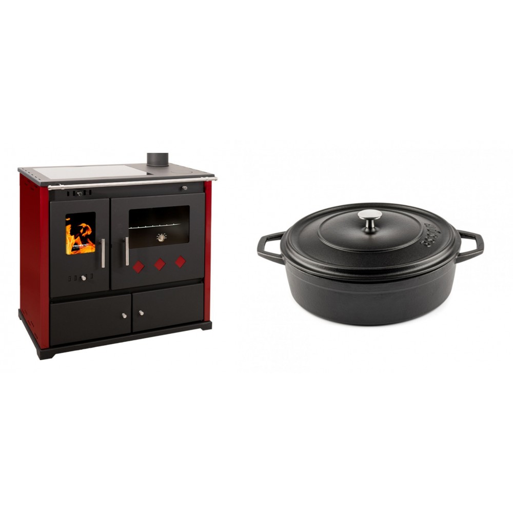 Set Küchenofen / Küchenhexe Prometey Practik Lux mit Cerankochfeld, Rauchabzug rechts, burgund, 9.5kW + Gusseisen Topf Flach Solagio, Black Onyx, Ф26 | Kaminofen - Holzofen mit Backfach | Kaminofen |