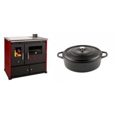 Set Küchenofen / Küchenhexe Prometey Practik Lux mit Cerankochfeld, Rauchabzug rechts, burgund, 9.5kW + Gusseisen Topf Flach Solagio, Black Onyx, Ф26 - Prometey
