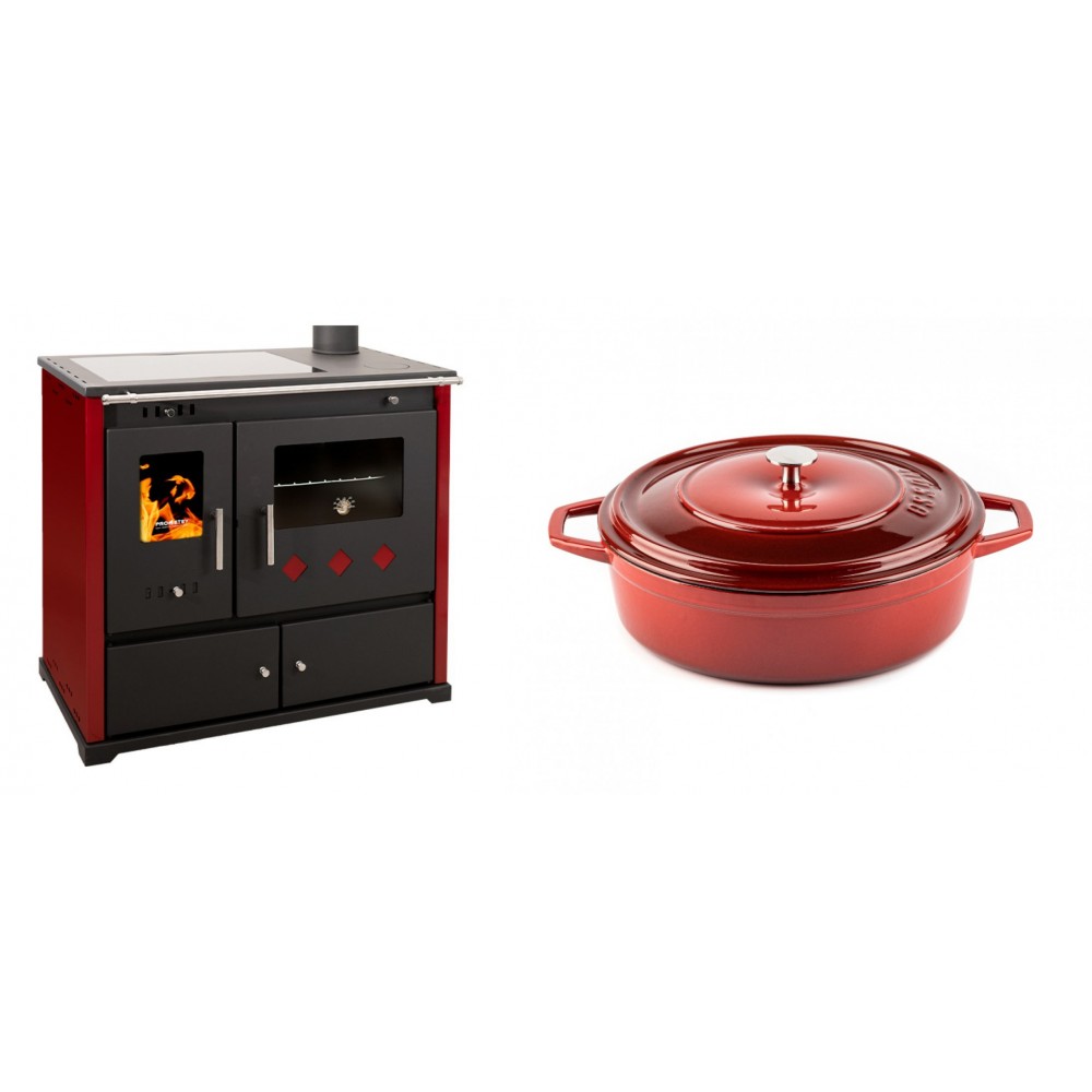 Set Küchenofen / Küchenhexe Prometey Practik Lux mit Cerankochfeld, Rauchabzug rechts, burgund, 9.5kW + Gusseisen Topf Flach Solagio, Rubin, Ф26 | Kaminofen - Holzofen mit Backfach | Kaminofen |