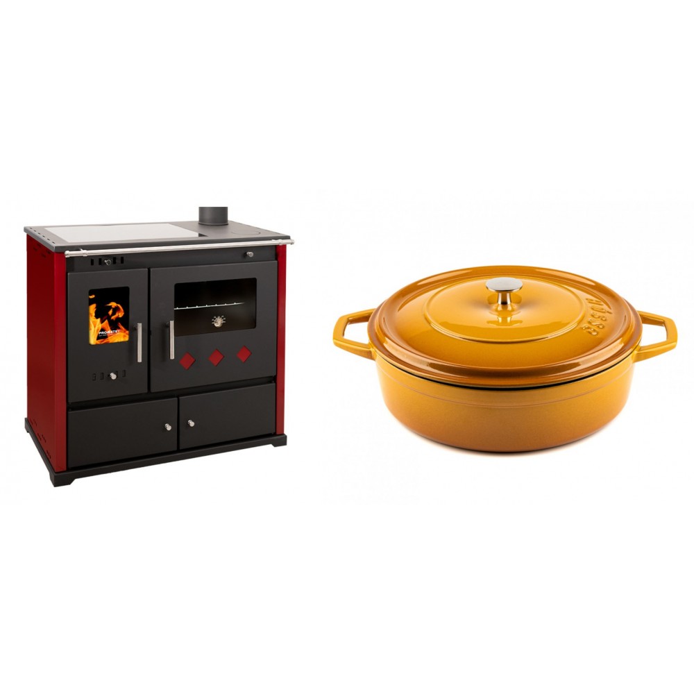 Set Küchenofen / Küchenhexe Prometey Practik Lux mit Cerankochfeld, Rauchabzug rechts, burgund, 9.5kW + Gusseisen Topf Flach Solagio, Dijon, Ф28 | Kaminofen - Holzofen mit Backfach | Kaminofen |