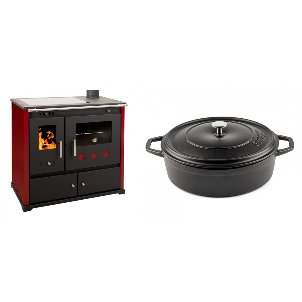 Set Küchenofen / Küchenhexe Prometey Practik Lux mit Cerankochfeld, Rauchabzug rechts, burgund, 9.5kW + Gusseisen Topf Flach Solagio, Black Onyx, Ф28