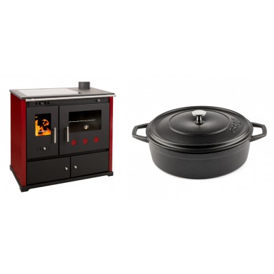 Set Küchenofen / Küchenhexe Prometey Practik Lux mit Cerankochfeld, Rauchabzug rechts, burgund, 9.5kW + Gusseisen Topf Flach Solagio, Black Onyx, Ф28 - Prometey