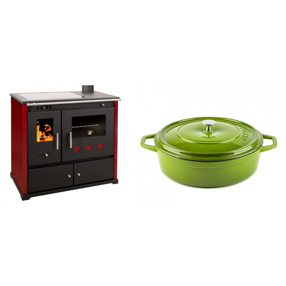 Set Küchenofen / Küchenhexe Prometey Practik Lux mit Cerankochfeld, Rauchabzug rechts, burgund, 9.5kW + Gusseisen Topf Flach Solagio, Bamboo, Ф28