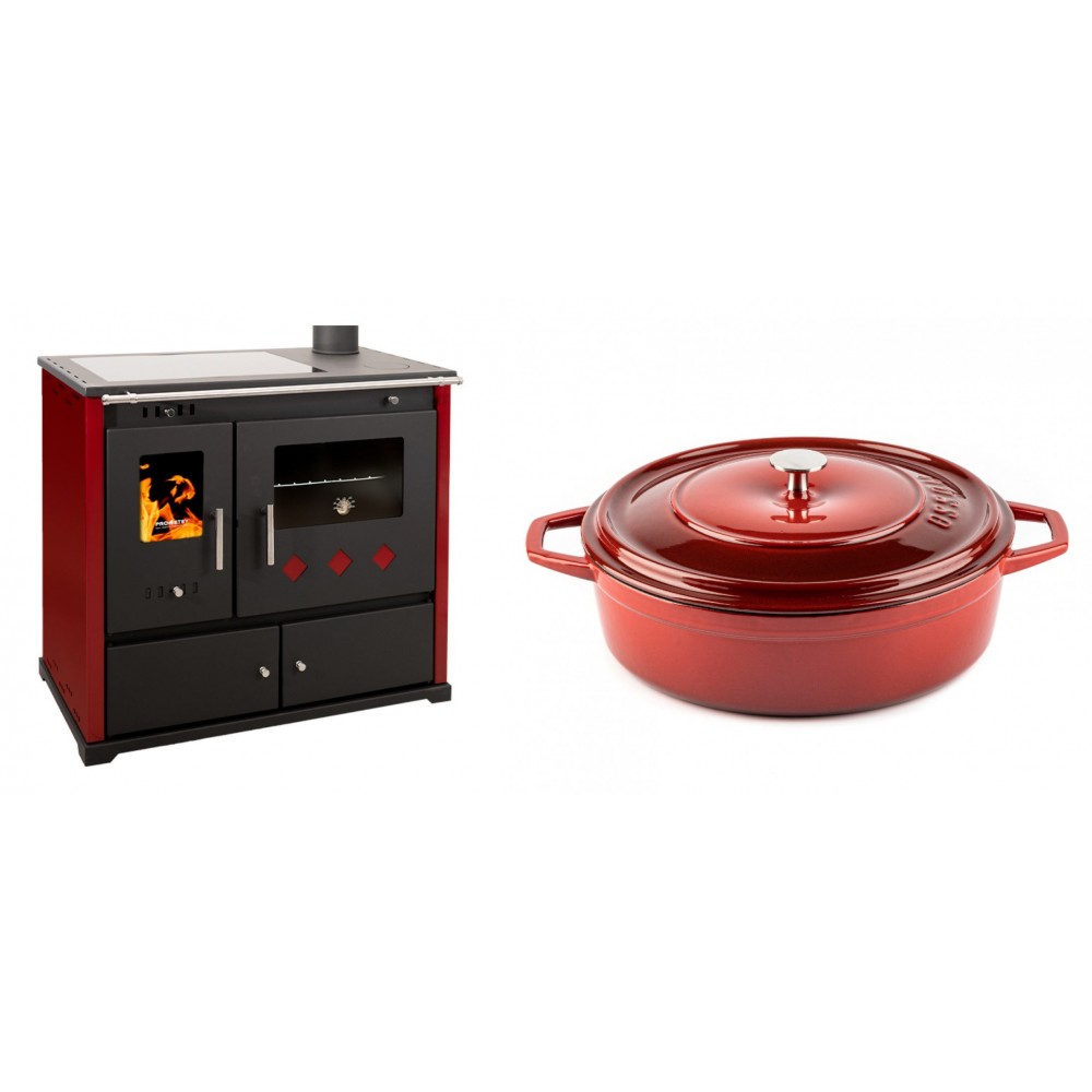 Set Küchenofen / Küchenhexe Prometey Practik Lux mit Cerankochfeld, Rauchabzug rechts, burgund, 9.5kW + Gusseisen Topf Flach Solagio, Rubin, Ф28 | Kaminofen - Holzofen mit Backfach | Kaminofen |