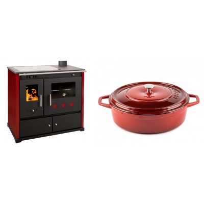 Set Küchenofen / Küchenhexe Prometey Practik Lux mit Cerankochfeld, Rauchabzug rechts, burgund, 9.5kW + Gusseisen Topf Flach Solagio, Rubin, Ф28 - Prometey