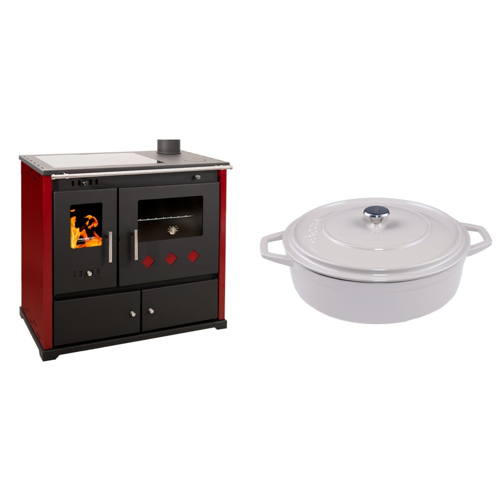 Set Küchenofen / Küchenhexe Prometey Practik Lux mit Cerankochfeld, Rauchabzug rechts, burgund, 9.5kW + Gusseisen Topf Flach Solagio, Ivory, Ф28