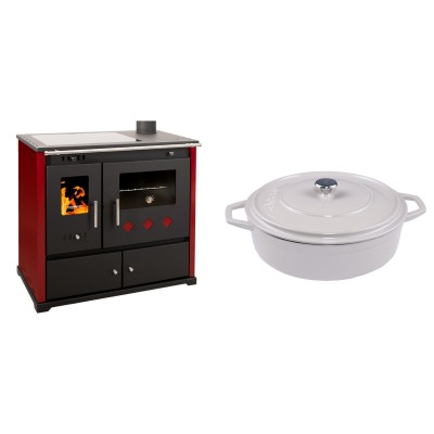 Set Küchenofen / Küchenhexe Prometey Practik Lux mit Cerankochfeld, Rauchabzug rechts, burgund, 9.5kW + Gusseisen Topf Flach Solagio, Ivory, Ф28 - Prometey