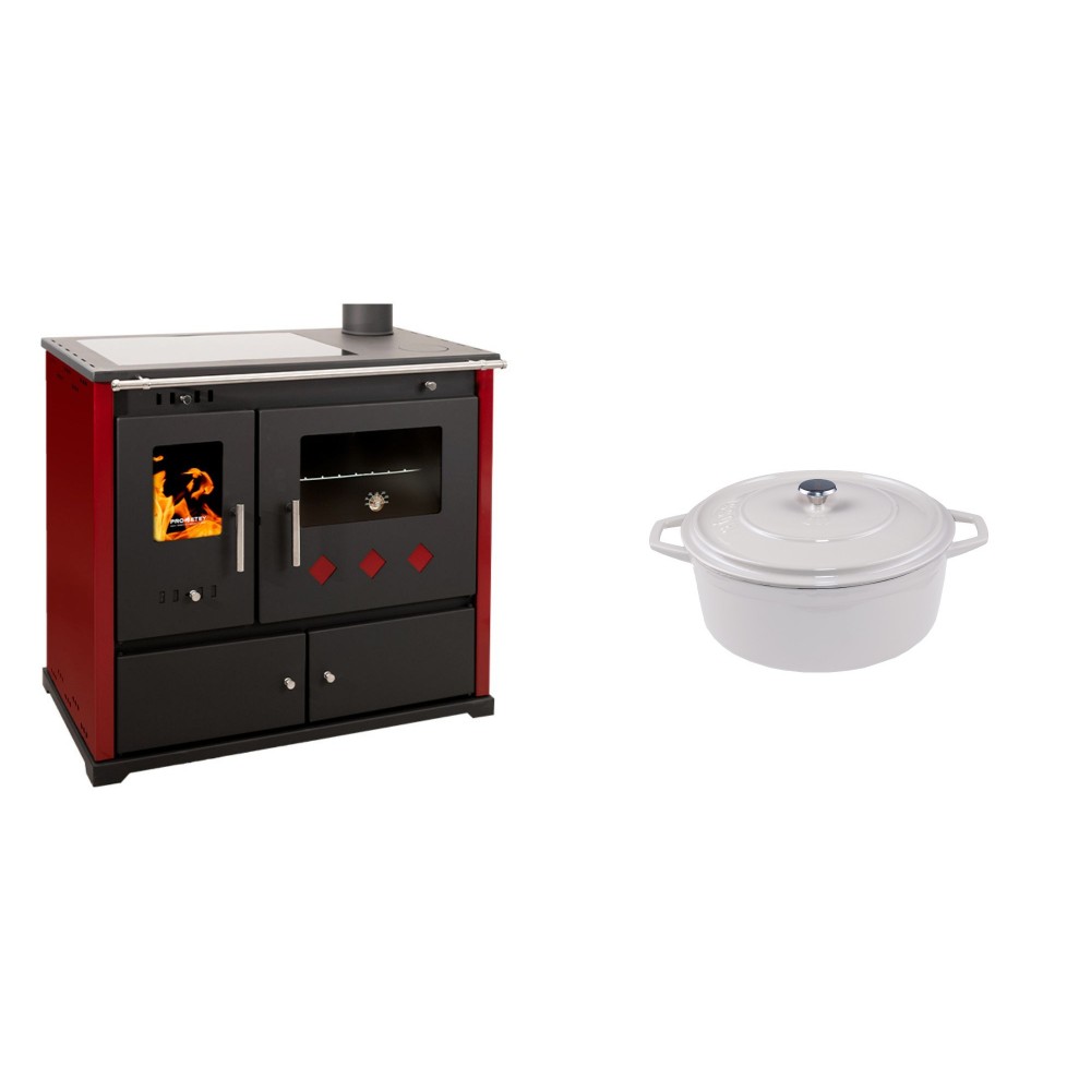 Set Küchenofen / Küchenhexe Prometey Practik Lux mit Cerankochfeld, Rauchabzug rechts, burgund, 9.5kW + Gusseisen Topf Tiefer Solagio, Ivory, Ф12