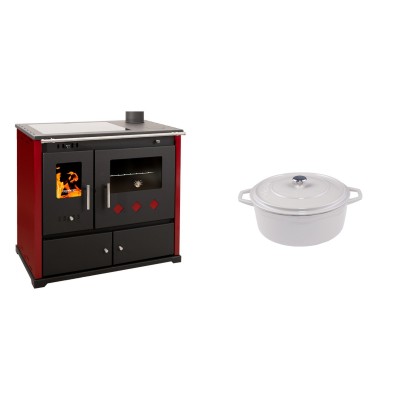 Set Küchenofen / Küchenhexe Prometey Practik Lux mit Cerankochfeld, Rauchabzug rechts, burgund, 9.5kW + Gusseisen Topf Tiefer Solagio, Ivory, Ф12 - Kaminofen - Holzofen mit Backfach