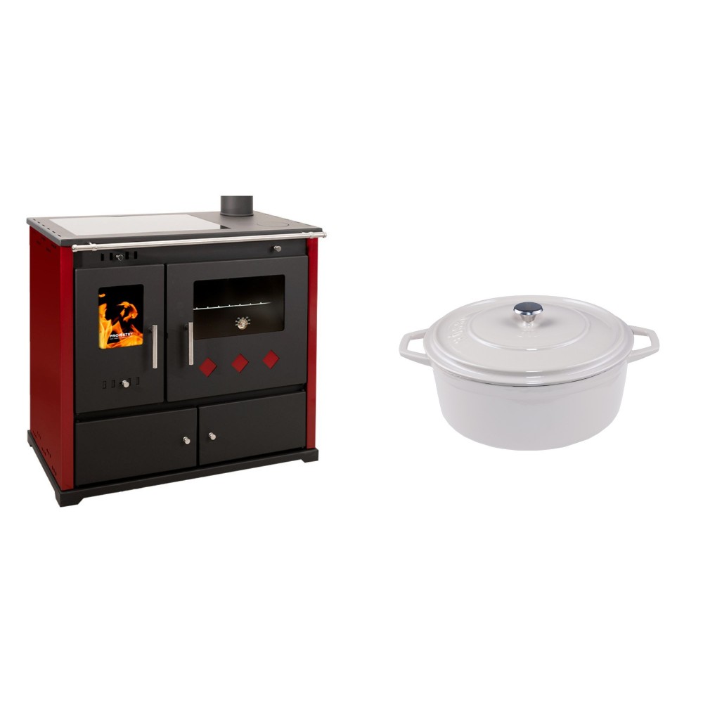 Set Küchenofen / Küchenhexe Prometey Practik Lux mit Cerankochfeld, Rauchabzug rechts, burgund, 9.5kW + Gusseisen Topf Tiefer Solagio, Ivory, Ф20 | Kaminofen - Holzofen mit Backfach | Kaminofen |