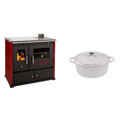 Set Küchenofen / Küchenhexe Prometey Practik Lux mit Cerankochfeld, Rauchabzug rechts, burgund, 9.5kW + Gusseisen Topf Tiefer Solagio, Ivory, Ф20 - Kaminofen - Holzofen mit Backfach