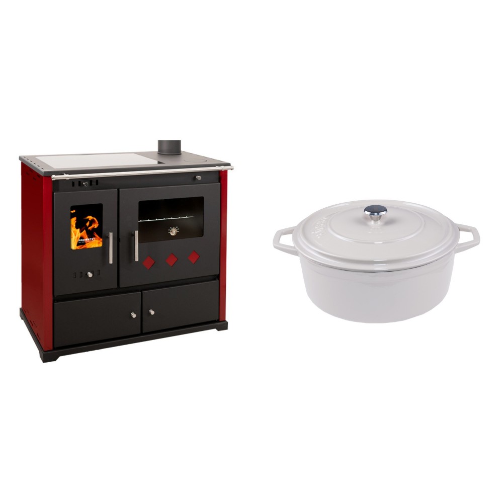Set Küchenofen / Küchenhexe Prometey Practik Lux mit Cerankochfeld, Rauchabzug rechts, burgund, 9.5kW + Gusseisen Topf Tiefer Solagio, Ivory, Ф24
