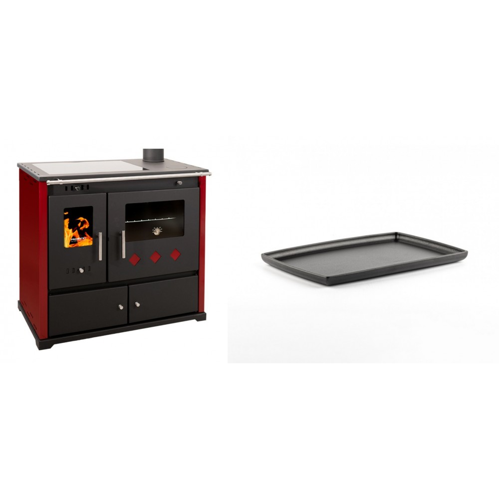 Set Küchenofen / Küchenhexe Prometey Practik Lux mit Cerankochfeld, Rauchabzug rechts, burgund, 9.5kW + Rechteckige Servierplatte aus Gusseisen Solagio, 21x31cm | Kaminofen - Holzofen mit Backfach | Kaminofen |