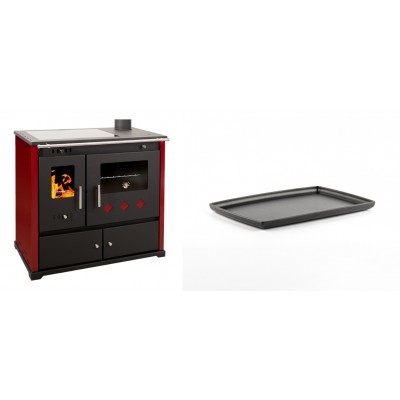 Set Küchenofen / Küchenhexe Prometey Practik Lux mit Cerankochfeld, Rauchabzug rechts, burgund, 9.5kW + Rechteckige Servierplatte aus Gusseisen Solagio, 21x31cm - Kaminofen - Holzofen mit Backfach