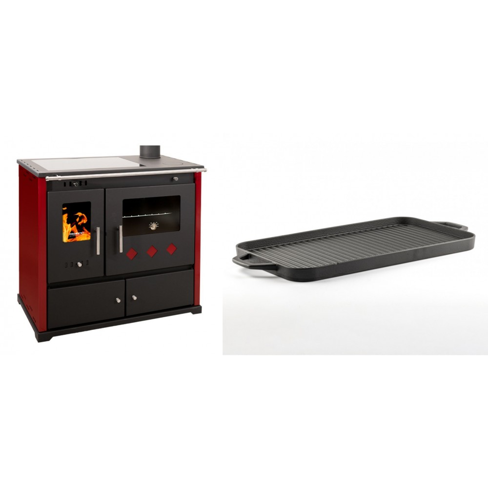 Set Küchenofen / Küchenhexe Prometey Practik Lux mit Cerankochfeld, Rauchabzug rechts, burgund, 9.5kW + Große Grillplatte aus Gusseisen Solagio, 25x44cm | Kaminofen - Holzofen mit Backfach | Kaminofen |