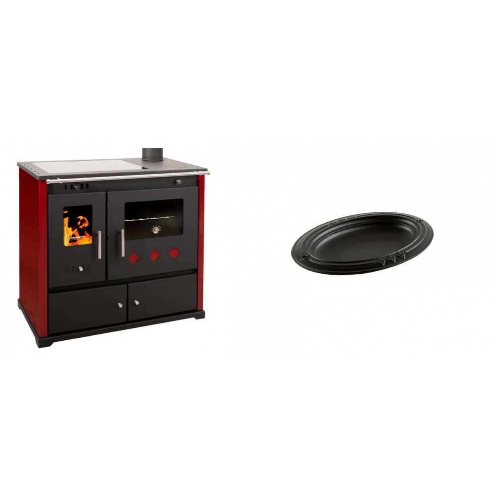 Set Küchenofen / Küchenhexe Prometey Practik Lux mit Cerankochfeld, Rauchabzug rechts, burgund, 9.5kW + Gusseiserne auflaufform Solagio oval, 17x28cm | Kaminofen - Holzofen mit Backfach | Kaminofen |