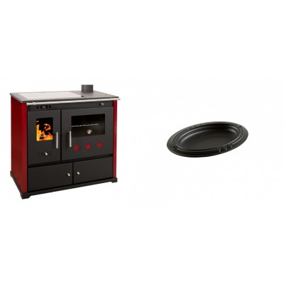 Set Küchenofen / Küchenhexe Prometey Practik Lux mit Cerankochfeld, Rauchabzug rechts, burgund, 9.5kW + Gusseiserne auflaufform Solagio oval, 17x28cm - Kaminofen - Holzofen mit Backfach