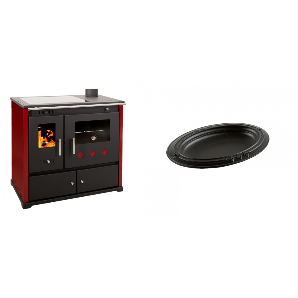 Set Küchenofen / Küchenhexe Prometey Practik Lux mit Cerankochfeld, Rauchabzug rechts, burgund, 9.5kW + Gusseiserne auflaufform Solagio oval, 25x33cm