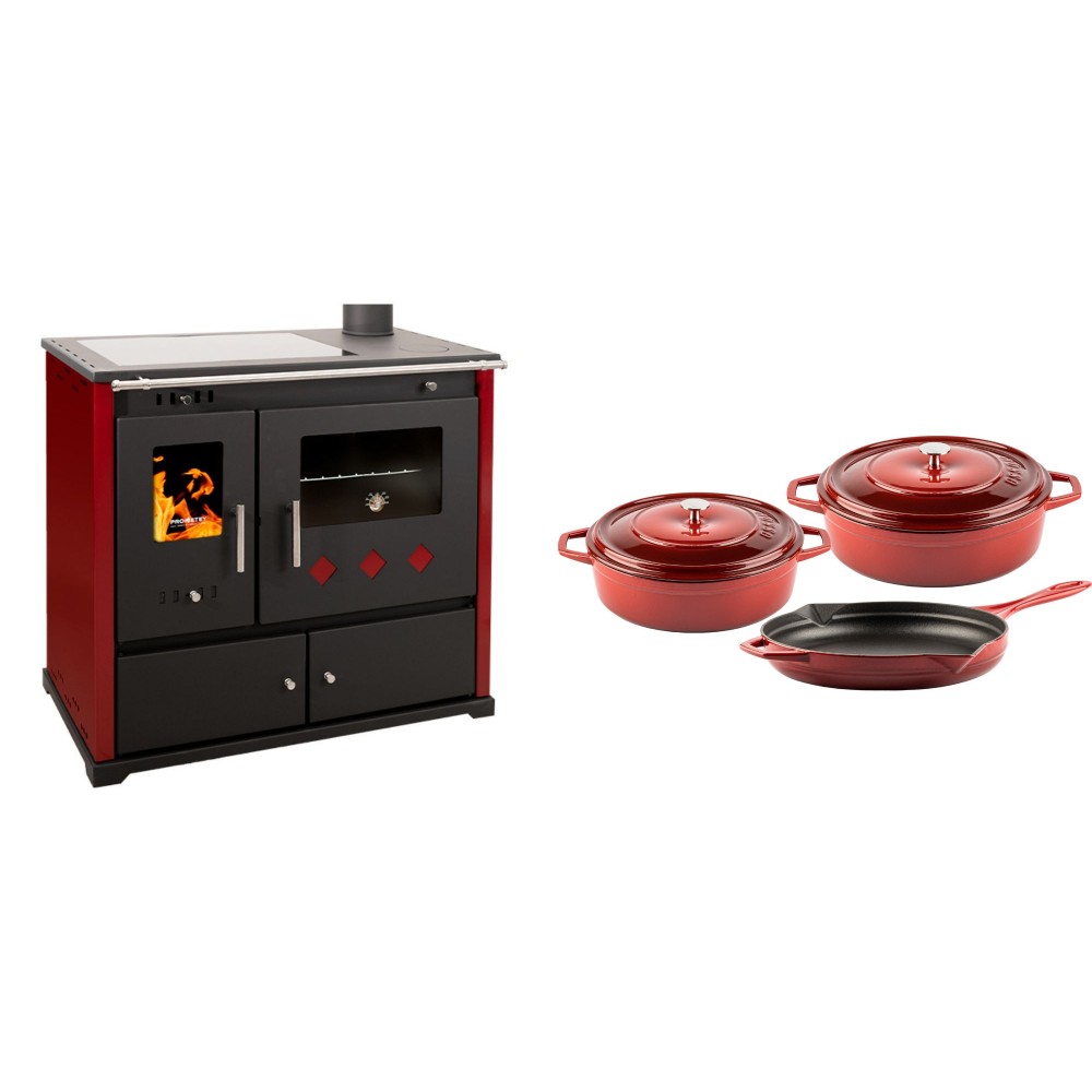 Set Küchenofen / Küchenhexe Prometey Practik Lux mit Cerankochfeld, Rauchabzug rechts, burgund, 9.5kW + Gusseisen Topf Set aus 3 teilen Solagio, Rubin
