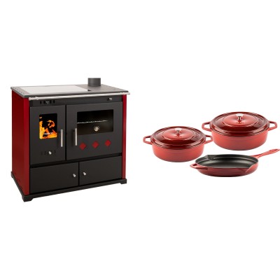 Set Küchenofen / Küchenhexe Prometey Practik Lux mit Cerankochfeld, Rauchabzug rechts, burgund, 9.5kW + Gusseisen Topf Set aus 3 teilen Solagio, Rubin - Kaminofen - Holzofen mit Backfach