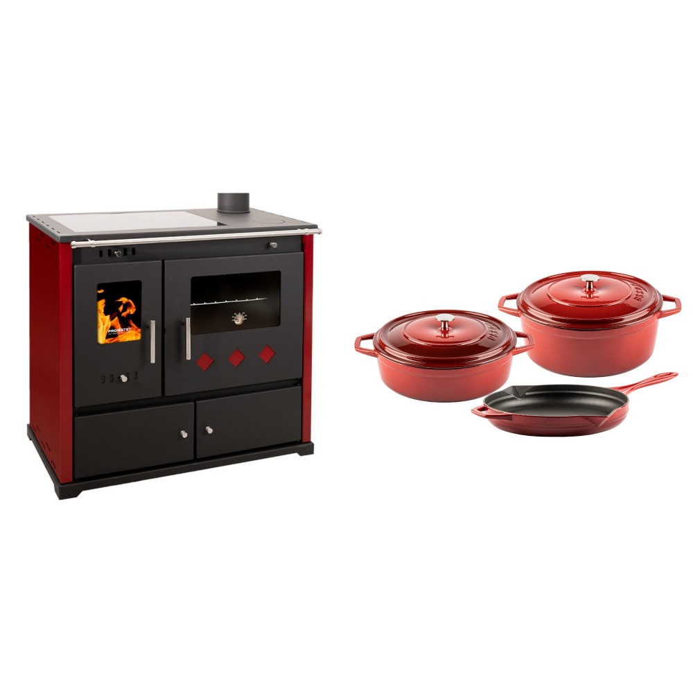 Set Küchenofen / Küchenhexe Prometey Practik Lux mit Cerankochfeld, Rauchabzug rechts, burgund, 9.5kW + Gusseisen Topf Set aus 3 teilen Solagio, Rubin