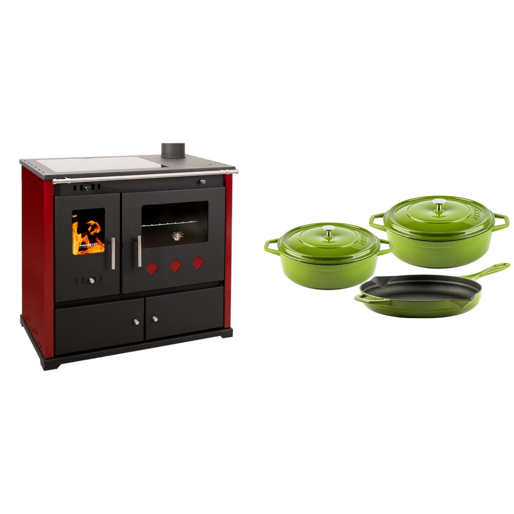 Set Küchenofen / Küchenhexe Prometey Practik Lux mit Cerankochfeld, Rauchabzug rechts, burgund, 9.5kW + Gusseisen Topf Set aus 3 teilen Solagio, Bamboo | Kaminofen - Holzofen mit Backfach | Kaminofen |